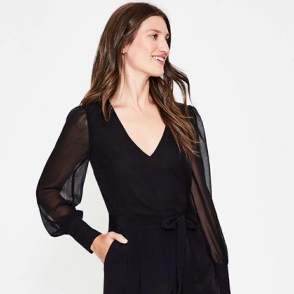 Boden Belgrave Womens 2R Black Sheer Silk Mix Jumpsuit Wide Leg NWT - Picture 2 of 9